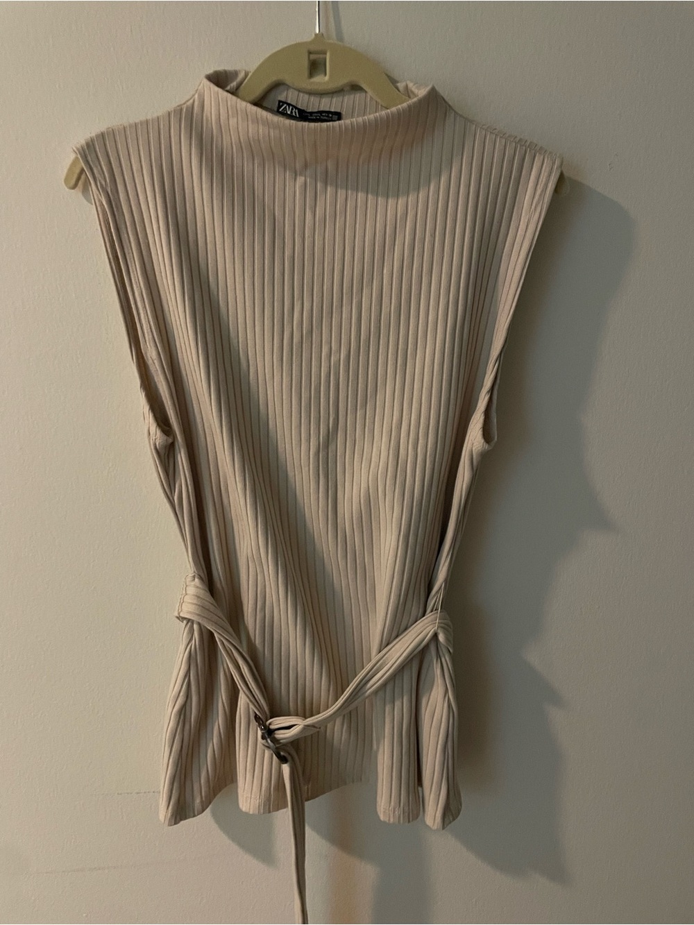 Zara Ribbed Sleeveless Mock Neck Tank in Light Beige